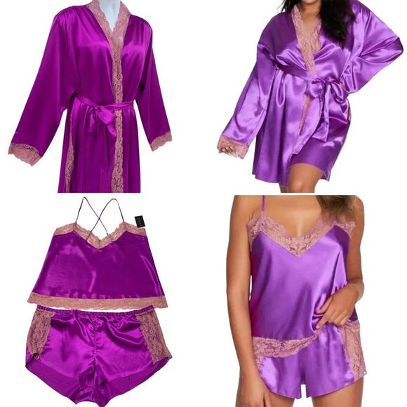 Frederick’s Of Hollywood Satin Lace Robe Matching Cami & Shorts 3 PIECE Sz.XL - Picture 2 of 11